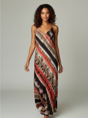 Liz Claiborne Red, Black & Taupe Satin Tie-Dye Maxi Slip Dress